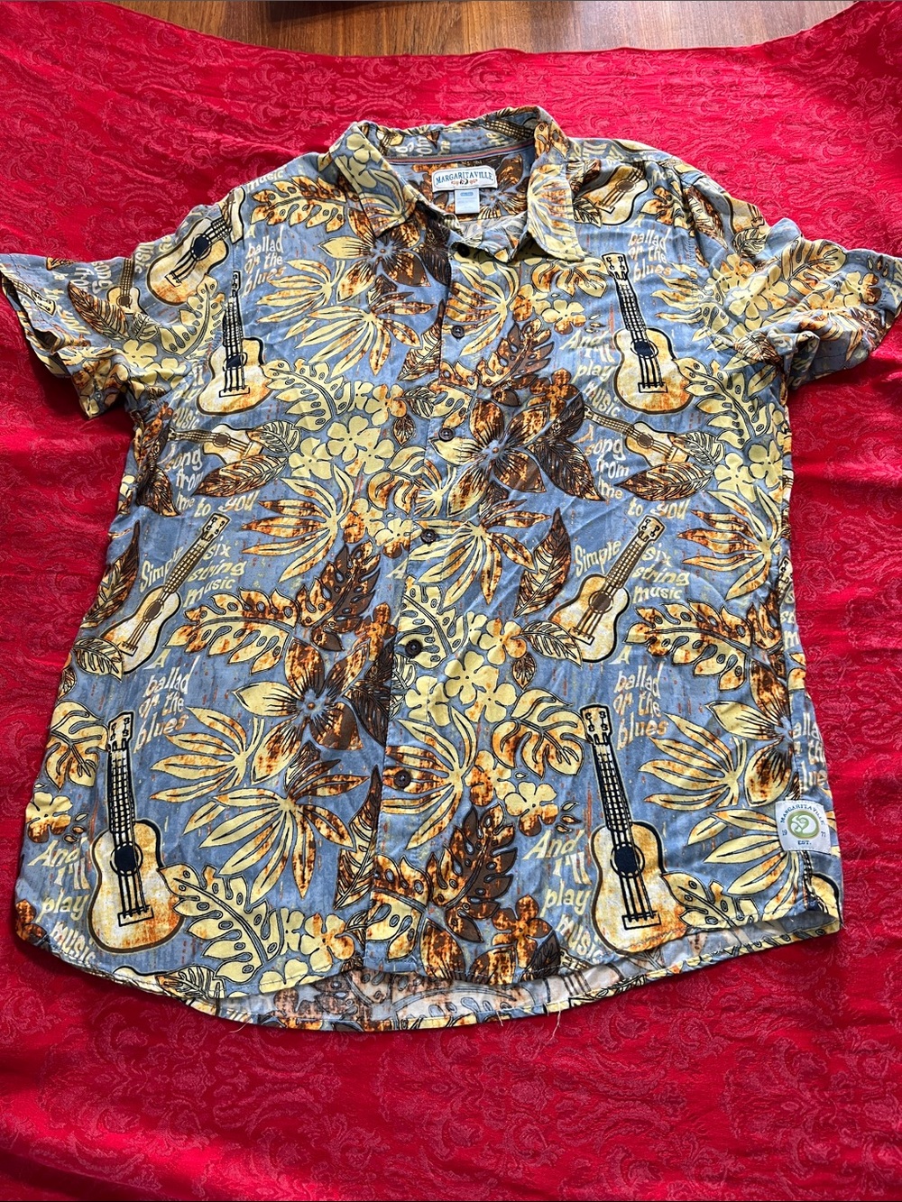 Margaritaville Men’s XXL Blue Tropical Guitar Floral Rayon Shirt Resort Button-U